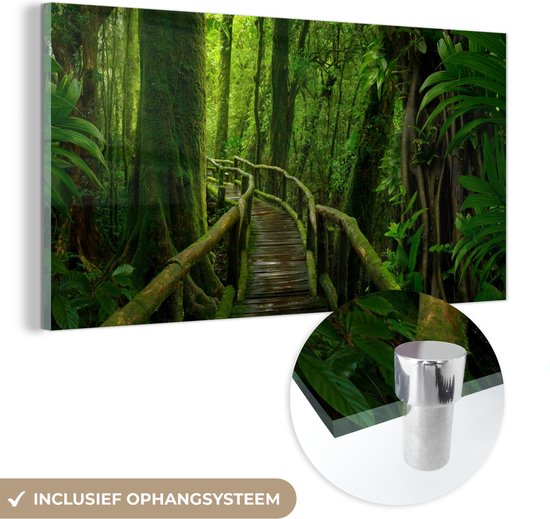 Glasschilderij - Foto op glas - Bos - Bomen - Jungle - Pad - Groen - Wanddecoratie - Acrylglas - 120x60 cm - Muurdecoratie - Schilderij glas
