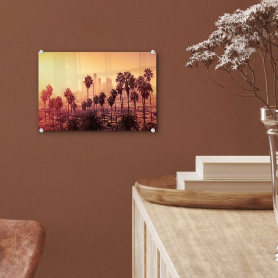 MuchoWow - Peinture sur verre - Photo sur verre - Palmier - Los Angeles - Skyline - Verre acrylique - 30x20 cm - Peinture sur verre ville - Peinture sur verre - Décoration murale - Peintures salon