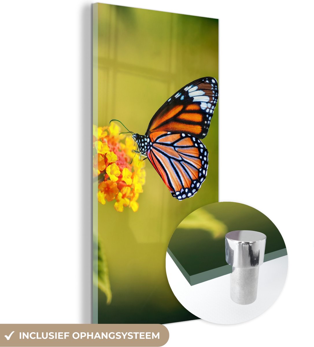 MuchoWow - Glasschilderij - Foto op glas - Vlinders - Bloemen - Natuur - Oranje - Acrylverf - 60x120 cm - Glasschilderij natuur - Glasschilderij vlinder - Decoratie woonkamer - Schilderij glas