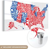 MuchoWow® Glasschilderij 120x60 cm - Schilderij acrylglas - Landkaart Amerika met namen - Foto op glas - Schilderijen
