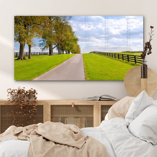 MuchoWow® Glasschilderij 120x60 cm - Schilderij acrylglas - Wolken - Bomen - Weg - Foto op glas - Schilderijen
