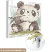 MuchoWow® Glasschilderij 50x50 cm - Schilderij acrylglas - Panda - Bamboe - Groen - Foto op glas - Schilderijen