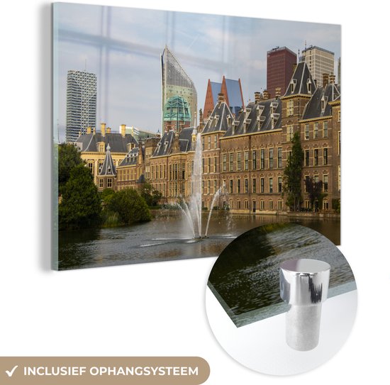 MuchoWow® Glasschilderij 30x20 cm - Schilderij acrylglas - Panorama - Den Haag - Architectuur - Foto op glas - Schilderijen
