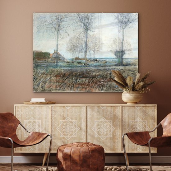 MuchoWow® Peinture sur verre 120x90 cm - Peinture sur verre acrylique - Ferme avec trois grands arbres au premier plan - Piet Mondrian - Photo sur verre - Peintures