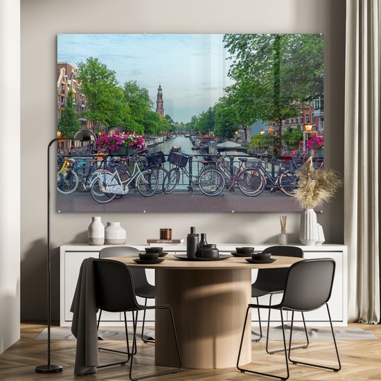 MuchoWow® Peinture sur Verre - Amsterdam - Vélo - Canal - 150x100 cm - Peintures sur Verre Acrylique - Photo sur Glas