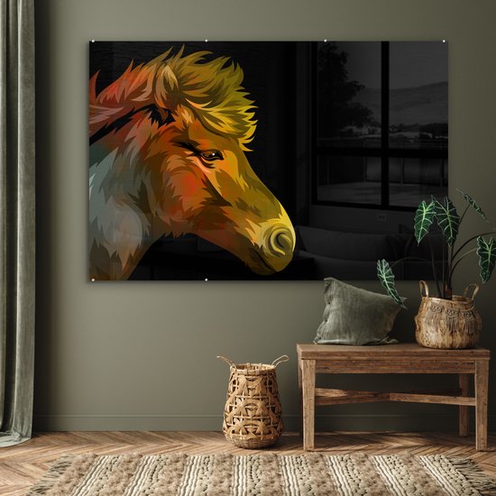MuchoWow® Peinture sur verre 150x100 cm - Peinture sur verre acrylique - Cheval - Jaune - Zwart - Filles - Enfants - Meiden - Photo sur verre - Peintures