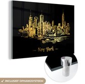 MuchoWow® Glasschilderij 90x60 cm - Schilderij acrylglas - New York - Skyline - Goud - Foto op glas - Schilderijen