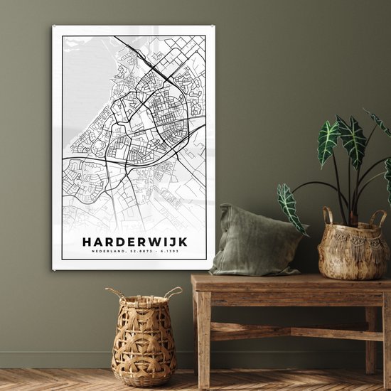 ® Glasschilderij 60x90 cm - Schilderij acrylglas - Kaart - Harderwijk - Zwart - Wit - Foto op glas - Muurdecoratie woonkamer - Wanddecoratie slaapkamer - Schilderijen