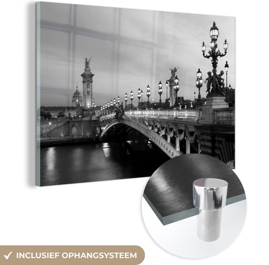 MuchoWow® Glasschilderij 30x20 cm - Schilderij acrylglas - Parijs - Brug - Zwart - Wit - Foto op glas - Schilderijen