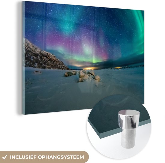 MuchoWow® Glasschilderij - Noorderlicht - Sneeuw - Kleuren - Acrylglas Schilderijen - Foto op Glas
