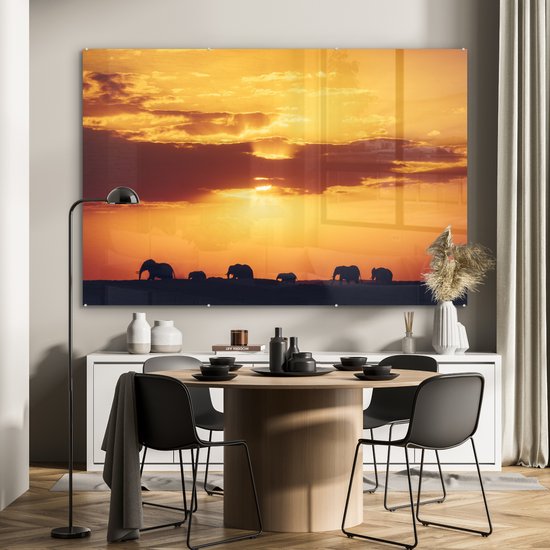 Peinture sur Verre - Éléphants - Animaux - Coucher de Soleil - 180x120 cm - Peintures sur Verre Peintures - Photo sur Glas