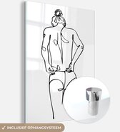 MuchoWow® Glasschilderij 90x120 cm - Schilderij acrylglas - Abstracte line art van een vrouw vanaf de achterkant - Foto op glas - Schilderijen