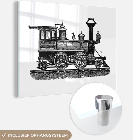 MuchoWow® Glasschilderij 160x120 cm - Schilderij acrylglas - Vintage trein op spoor - Foto op glas - Schilderijen