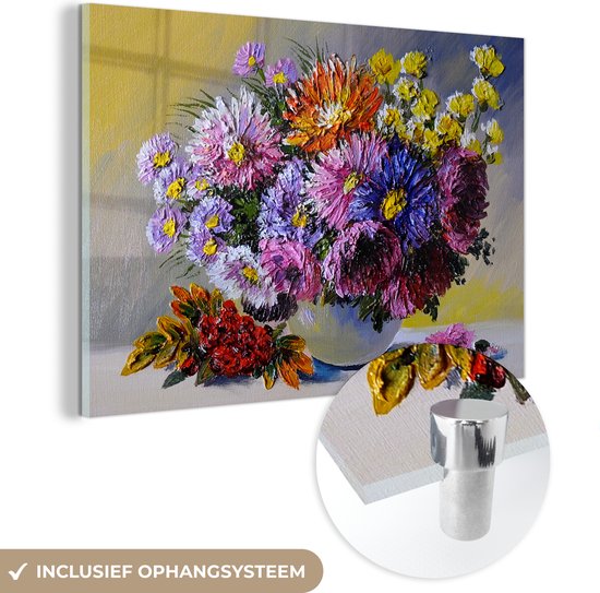 MuchoWow® Glasschilderij - Olieverf - Bloemen - Stilleven - Acrylglas Schilderijen - Foto op Glas