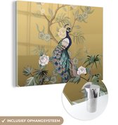 Glasschilderij - Pauw - Bloemen - Goud - Pauwenveren - Luxe - Afbeelding op glas - 80x60 cm - Muurdecoratie - Foto op glas