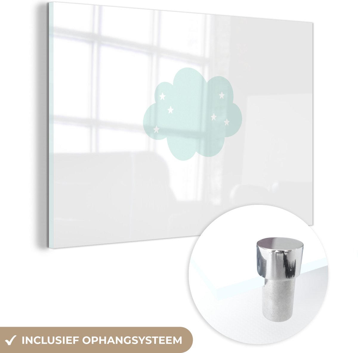 ® Glasschilderij 180x120 cm - Schilderij acrylglas - Wolk - Sterretjes - Pastel - Kinderen - Baby - Foto op glas - Muurdecoratie woonkamer - Wanddecoratie slaapkamer - Schilderijen