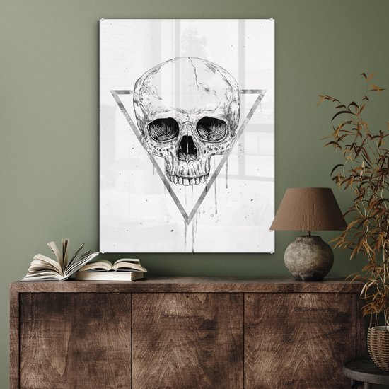 MuchoWow® Glasschilderij 60x80 cm - Schilderij acrylglas - Schedel - Driehoek - Tekening - Druppels - Doodskop - Foto op glas - Schilderijen