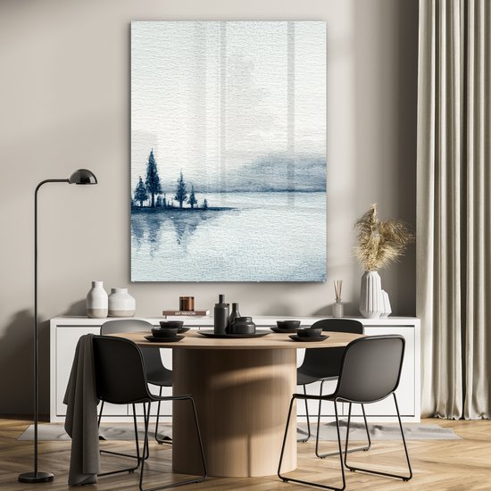 MuchoWow® Peinture sur verre 90x120 cm - Peinture sur verre acrylique - Une illustration d'un lac dans la brume - Photo sur verre - Peintures
