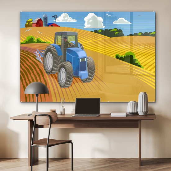 MuchoWow® Glasschilderij 150x100 cm - Schilderij acrylglas - Trekker - Boer - Wolken - Foto op glas - Schilderijen