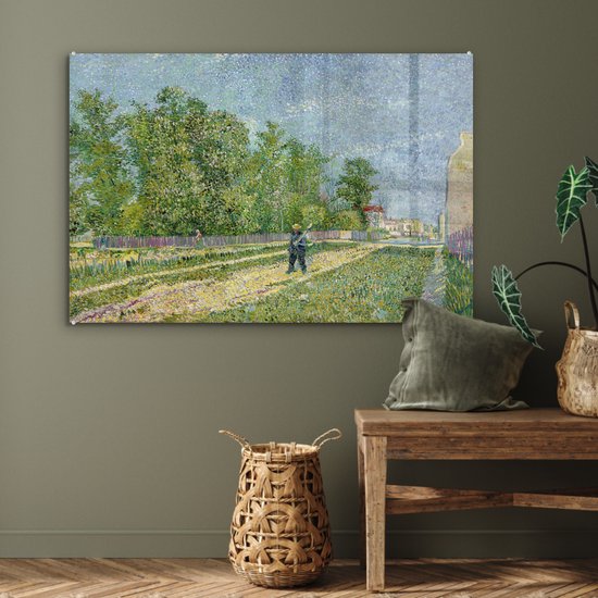 ® Glasschilderij 90x60 cm - Schilderij acrylglas - Buitenwijken van Parijs - Vincent van Gogh - Foto op glas - Muurdecoratie woonkamer - Wanddecoratie slaapkamer - Schilderijen