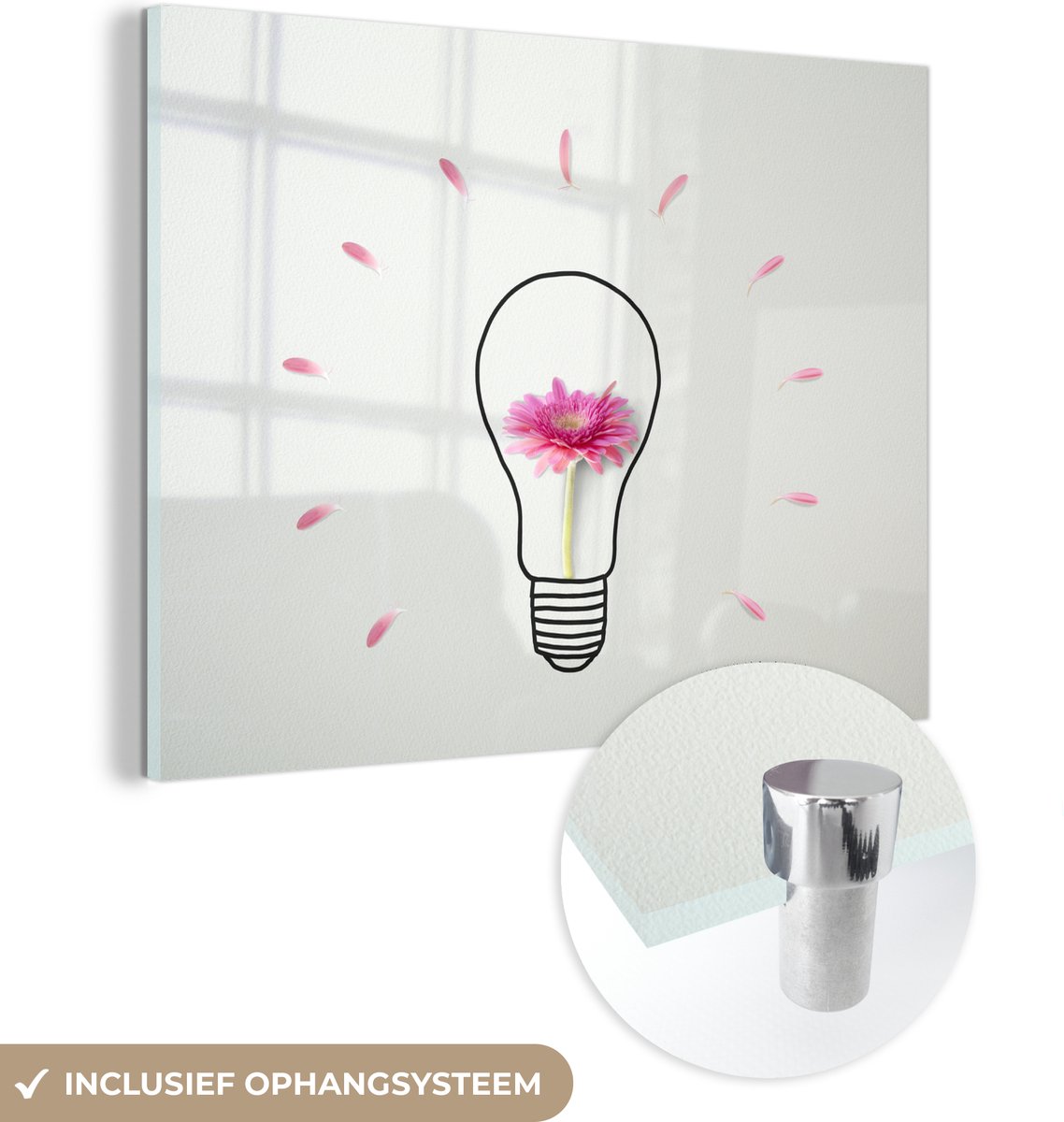 ® Glasschilderij 160x120 cm - Schilderij acrylglas - Gloeilamp met bloem - Foto op glas -