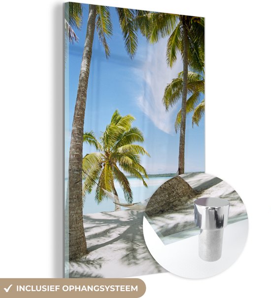 MuchoWow® Glasschilderij 60x90 cm - Schilderij acrylglas - Palmboom - Hangmat - Zand - Foto op glas - Schilderijen