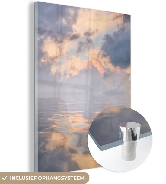 MuchoWow® Glasschilderij 60x80 cm - Schilderij acrylglas - Schilderij van een grijze hemel boven een oceaan - Foto op glas - Schilderijen