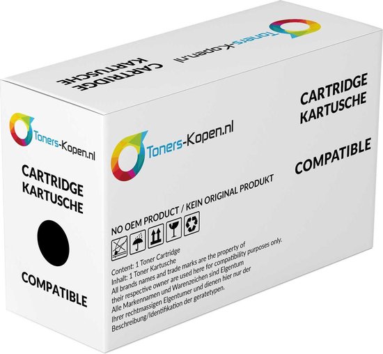 Boîte blanche avec logo "Toners-Kopen.nl", "CARTRIDGE KARTUSCHE COMPATIBLE" et pictogrammes de produits.