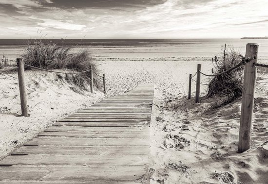 Une passerelle en bois mène à travers les dunes vers une plage de sable avec la mer en arrière-plan. Des poteaux en bois avec de la corde flanquent le chemin.