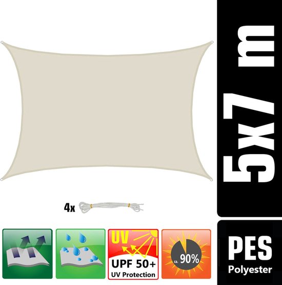 Crème rechthoekig schaduwdoek van 5x7 meter met 4x touw, winddicht, waterafstotend, UPF 50+ UV-bescherming.