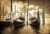 Fotobehang City Venice Gondolas Boats Sepia | XXL - 312cm x 219cm | 130g/m2 Vlies