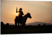 Dibond - Zonsondergang achter Cowboy op Bruin met Wit Paard met Geweer - 105x70 cm Foto op Aluminium (Wanddecoratie van metaal)