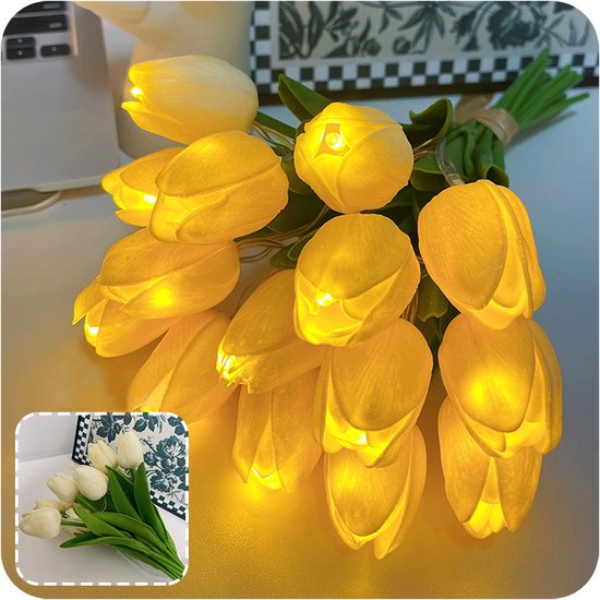 1 Bouquet de 10 Pièces Fleurs artificielles Tulipes Blanches avec Lumière LED Bouquet de Tulipes à Piles pour la Fête des Mères