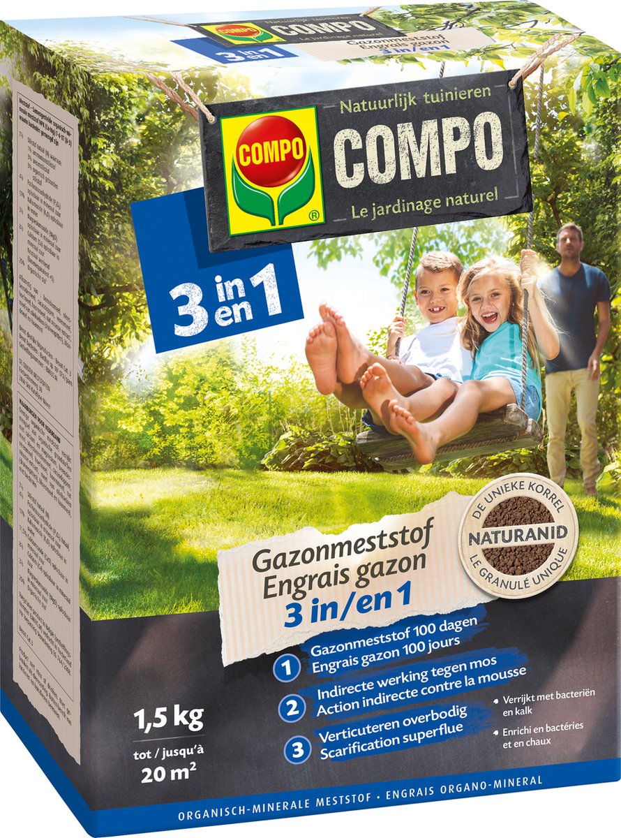 COMPO Gazonmeststof 3 in 1 - meststof met indirecte werking tegen mos + verticuteren overbodig - lange werking van 100 dagen - met bacteriën - doos 1,5 kg (20 m²)
