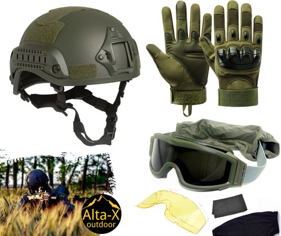Alta-X - Airsoft Helm + Bril + Handschoen L groen - Airsoft starter set - Leger Helm - Leger handschoen - Airsoft bril