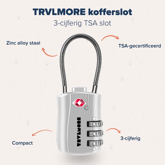TRVLMORE kofferslot, zilverkleurig met 3 cijfers en een flexibele staalkabel. TSA-gecertificeerd.