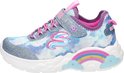 Blauwe Skechers sneaker met regenboog, wolkenprint en glitter. Paarse voering en roze veters.