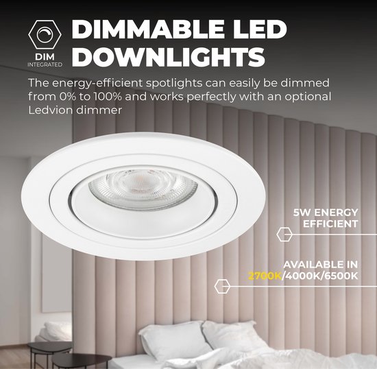 Dimbare, energiezuinige witte LED inbouwspot van 5W, beschikbaar in 2700K, 4000K, 6500K.