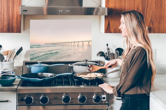 Spatscherm keuken 70x50 cm - Kookplaat achterwand Zee - Strand - Brug - Natuur - Zonsondergang - Muurbeschermer - Spatwand fornuis - Hoogwaardig aluminium