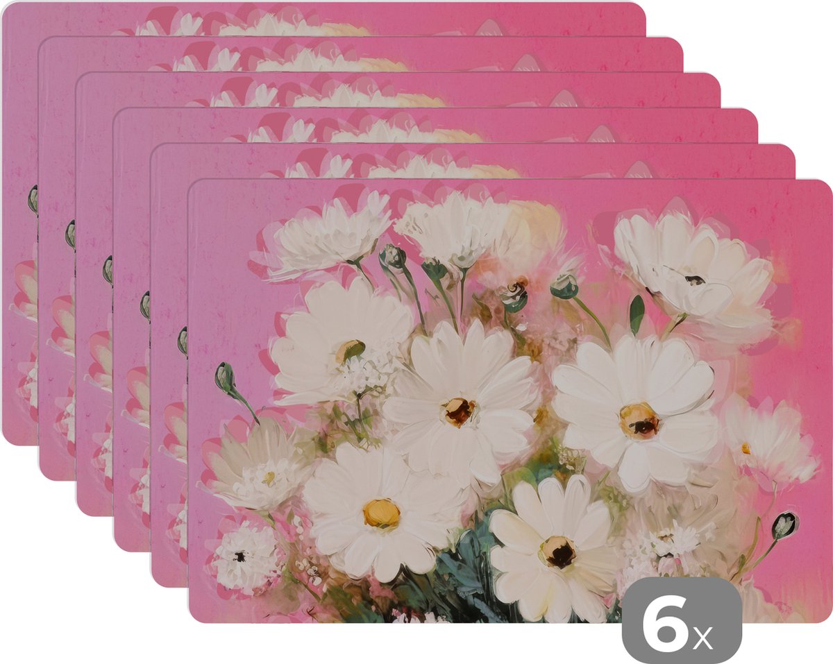 Placemat - Placemats kunststof - Bloemen - Vaas - Planten - Wit - 45x30 cm - 6 stuks - Hittebestendig - Anti-Slip - Onderlegger - Afneembaar
