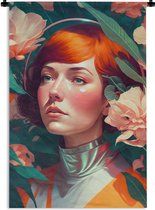 Wandkleed - Wanddoek - Portret - Vrouw - Bloemen - Roze - Botanisch - 60x90 cm - Wandtapijt