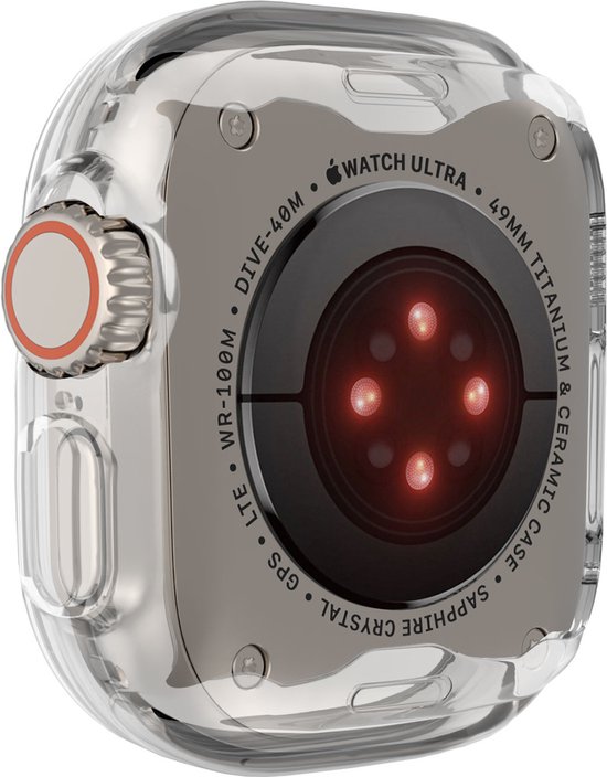 Achterkant van een Apple Watch Ultra in een transparante TPU hoes, met rode sensoren zichtbaar.