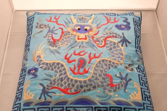 Fine Asianliving Chinese Kussen Volledig Geborduurd Lichtblauw Draak 45x45cm