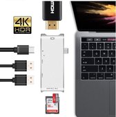 DrPhone 6-in-1 Type-C Hub - USB-C Thunderbolt3 (40 Gb) /USB-C(5 Gb) naar 4K HDMI, 2 x 3.0-USB/SD/Micro SD/PD - Zilver