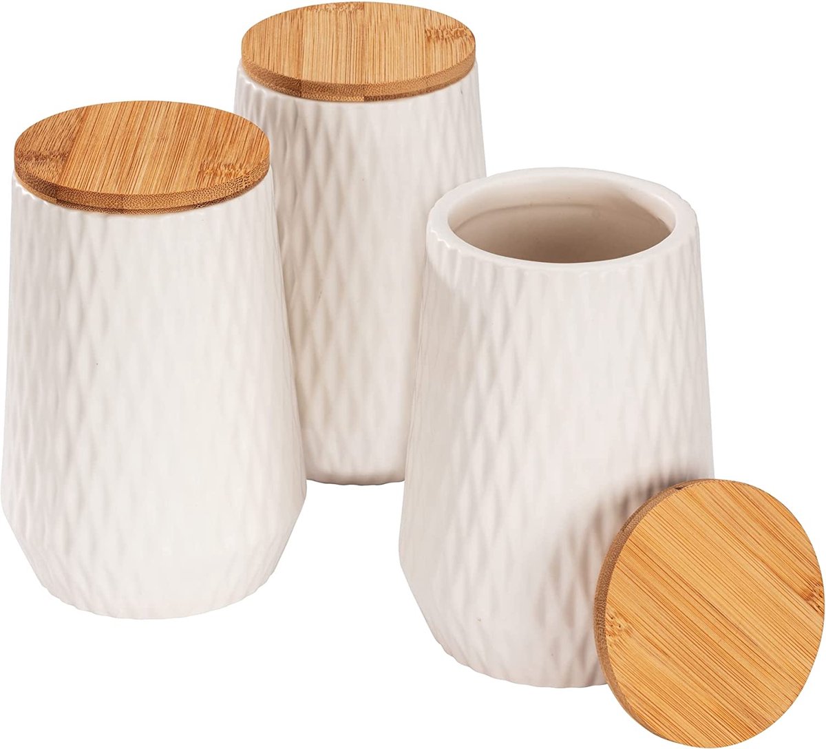 Voorraadpot Diamond, moderne set van 3 keramische potten met bamboe deksel en elegante diamantstructuur voor in de keuken of elders in huis, elk met een inhoud van 0,6 liter, wit/bruin