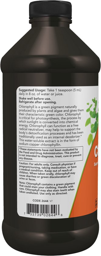 Achterkant van NOW Foods Liquid Chlorophyll fles, met gebruiksinstructies en ingrediënten.