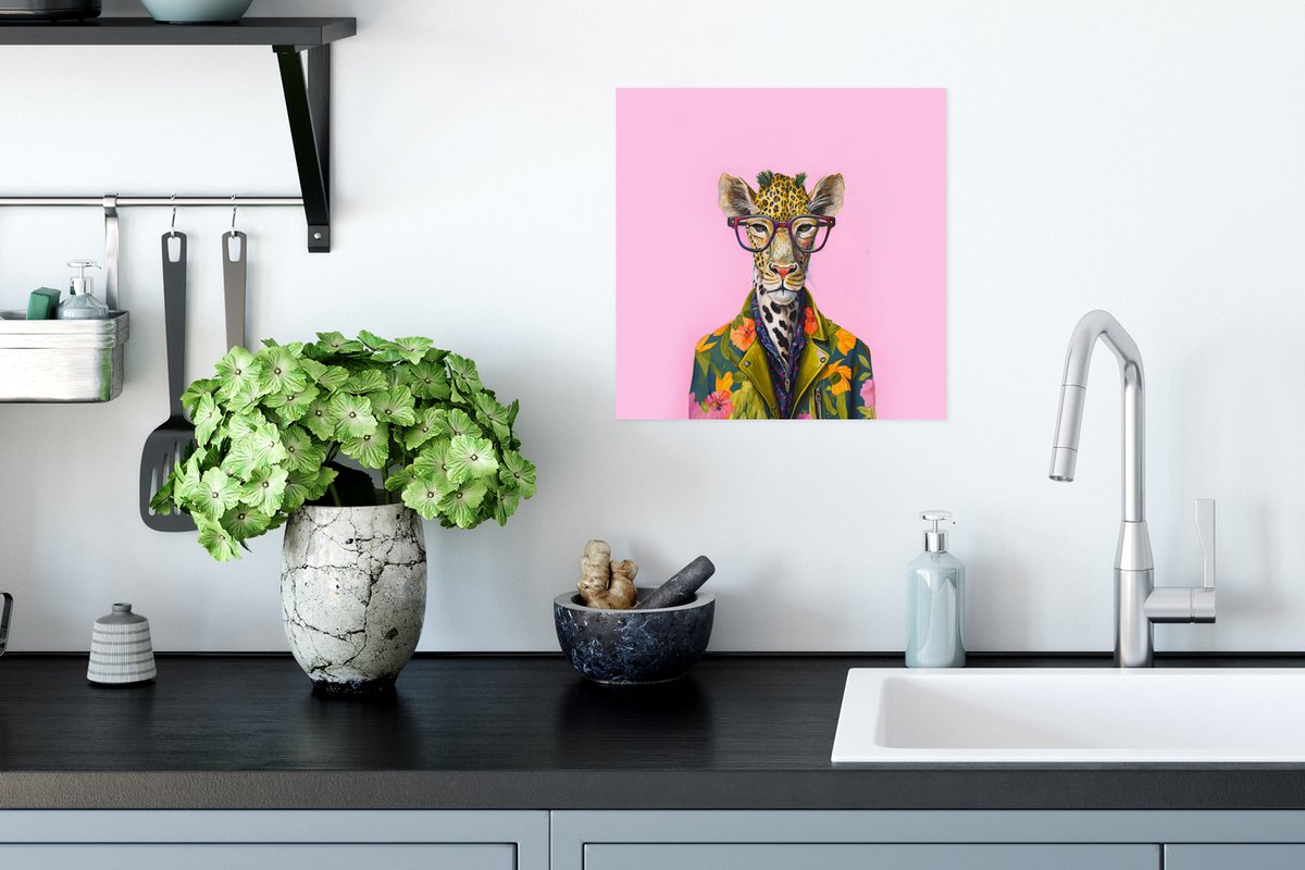 Poster Dieren - Giraffe - Bril - Bloemen - 30x30 cm