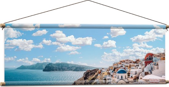 WallClassics - Textielposter - Klassiek Witte Huisjes in Santorini - 120x40 cm Foto op Textiel