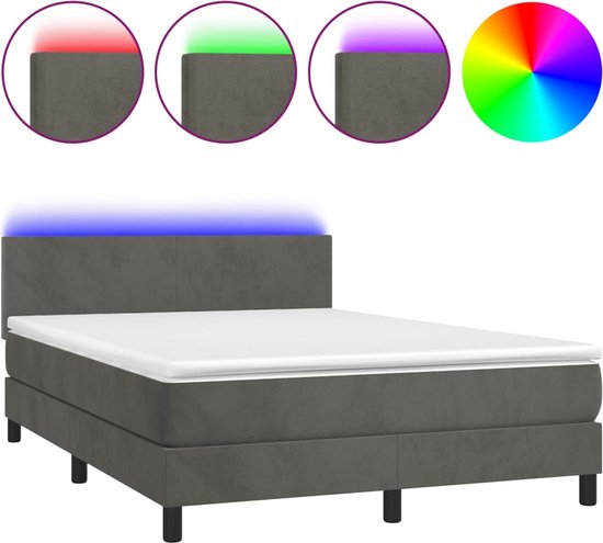 Lit boxspring gris foncé avec éclairage LED dans la tête de lit, roue chromatique et trois effets lumineux montrés.