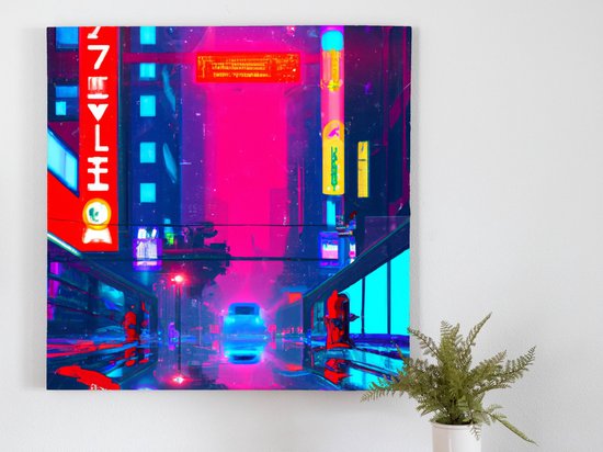 Neon light street view | Neon Light Street view | Kunst - 40x40 centimeter op Canvas | Foto op Canvas - wanddecoratie schilderij